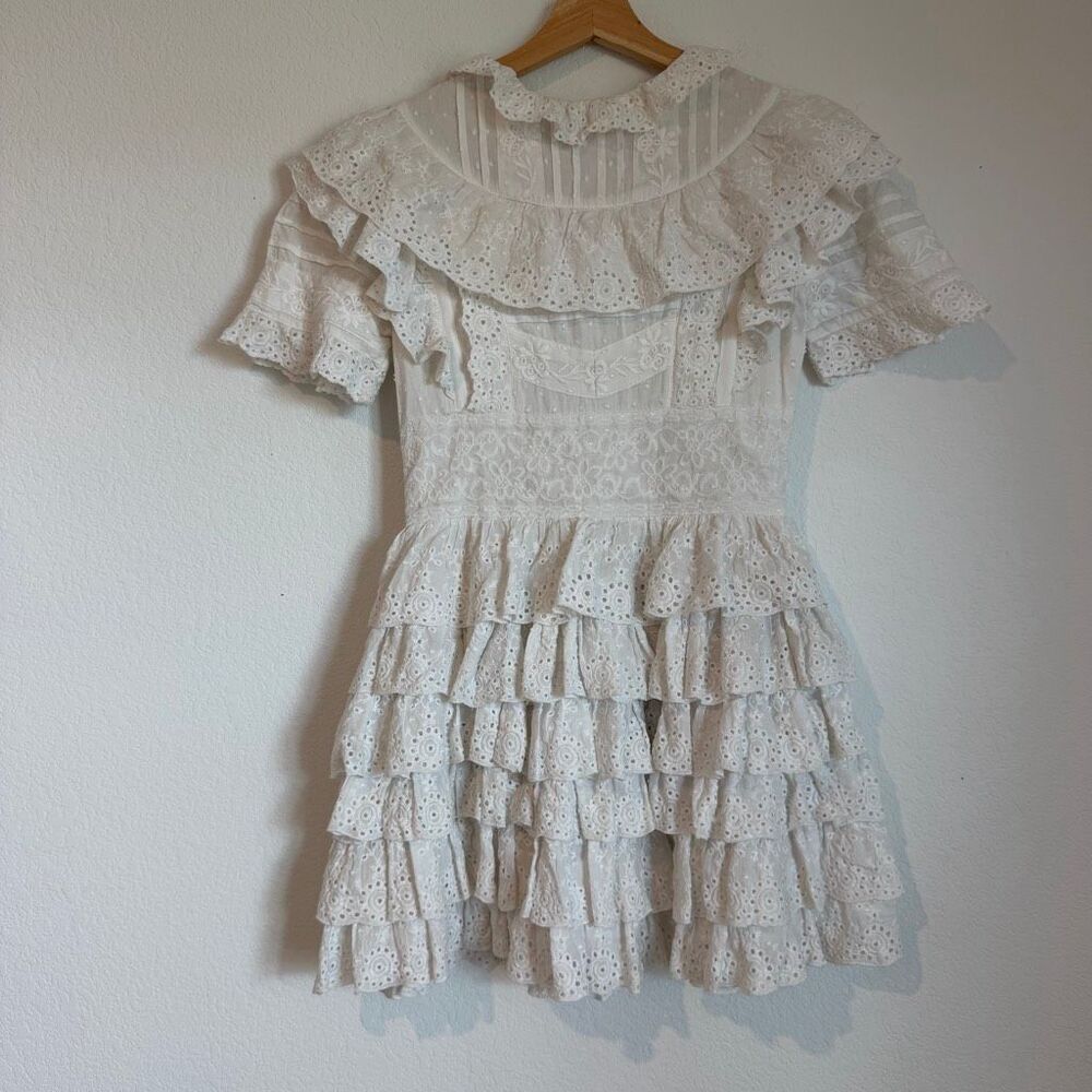 Amy Jane London White Ruffled Tiered Eyelet Short Sleeve Mini Dress Women's XS